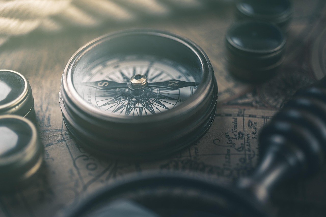 Brass compass resting on an old map